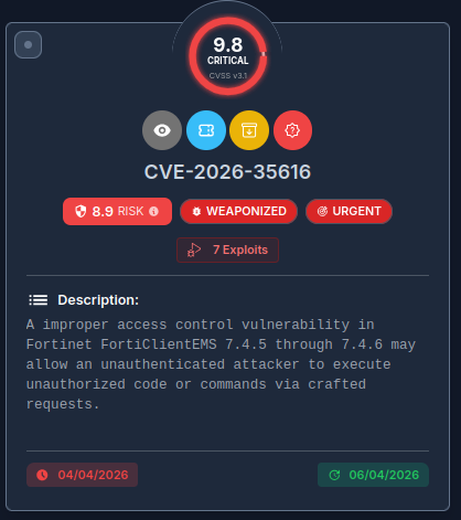 FortiClient EMS Zero-Day Vulnerability (CVE-2026-35616) Actively Exploited in the Wild